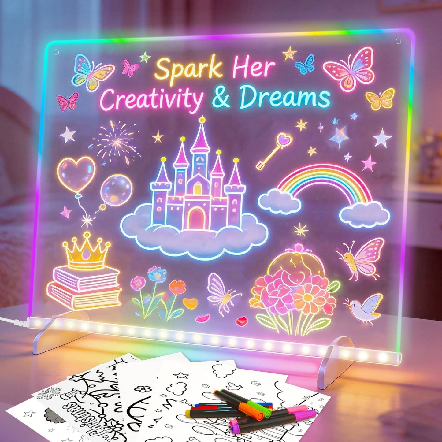 Lumiboard Led Drawing Board with 8 Colors, 13"x10" Acrylic Message Boards with 13 Light Effects, Glow Doodle Board Gifts for Kids for Easter Halloween Christmas Birthday Gifts Presents