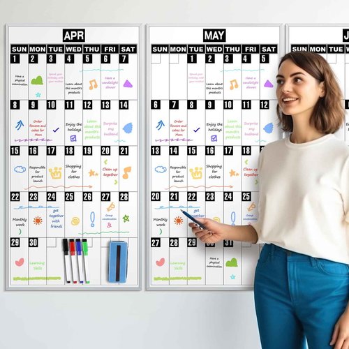 Lincia 3 Month Calendar Whiteboard 18" x 35" - Dry-Erase Planning Calendars Aluminum Framed Magnetic Board with 3 Set Magnets Labels 4 Markers & 1 Eraser for School, Classroom, Home, Office