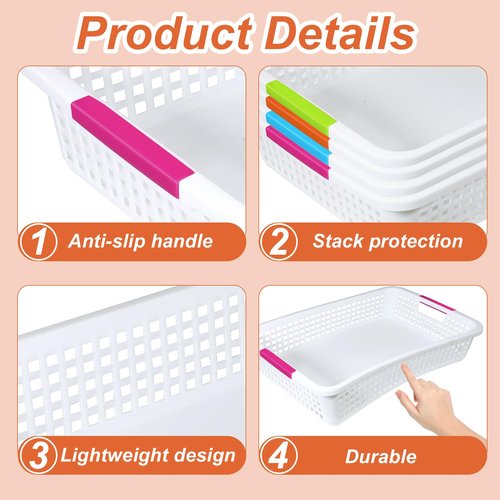 BeapTcely 12 Pack Classroom Storage Baskets 15''x10''x3'' Large Plastic Classroom Paper Trays with Handle Letter Size A4 Paper Toy Basket Turn in Trays for Library, Office Desk Drawer Organizing (12)