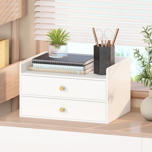 Xadgve Bamboo Desk Organizer - Stackable, No Assembly Required, Ideal for Office/Home Use - Perfect for Toiletries, Stationery, Accessories. (White, Two level drawer box with sides)