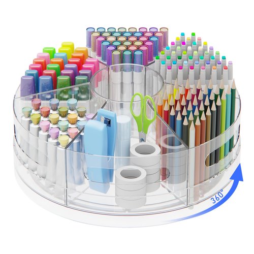CraftGenes Pen Organizer for Desk - Acrylic Pen Holder with Hand Grips, 360° Extra Large Rotating Desk Organizer with 7 Removable Compartments for Office, Home, and Makeup Storage, Marker Organizer