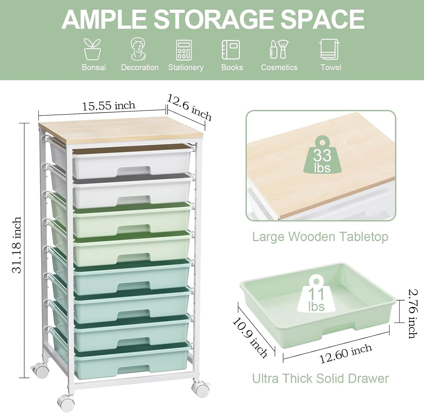Skiennix Rolling Storage Utility Cart - 8 Drawer Organizer with Wooden Tabletop | Green for Home & Office