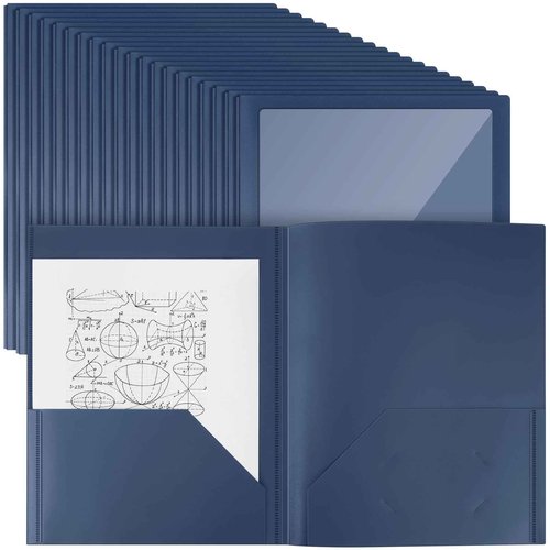 Teling 48 Pcs Plastic Folders with Front Clear Pocket and Business Card Holder 2 Pocket Folders Letter Size Paper for School Office Supplies Nice Gift for Christmas New Year School Supply (Dark Blue)