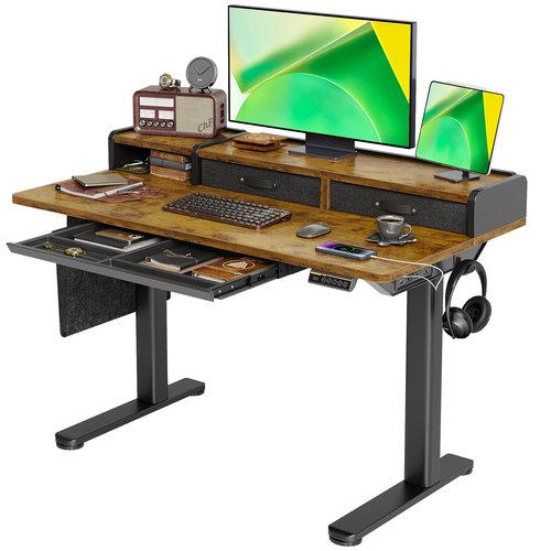 Claiks Standing Desk, Computer Office Desk with Power Outlets and Type-C, Stand Up Desk with Drawers and Shelves, 48 inch, Rustic Brown