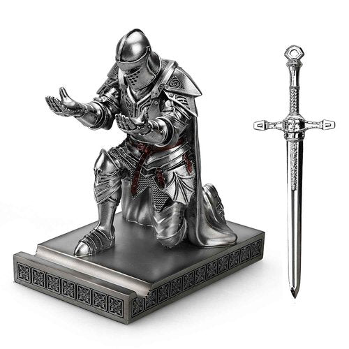 HDMbigmi King's Guard Leader Cloak Warrior Knight Pen Holder Mobile Phone Stand, Ornament Knight Statue, Pen Stand Paperweight for Office and Home (Silver)