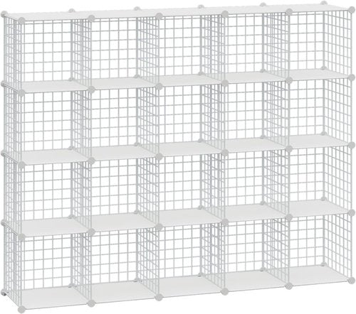 Hubson Wire Cube Storage Organizer - Versatile 20-Cube Metal Grid Shelf for Books, Toys, Crafts & Plants - White