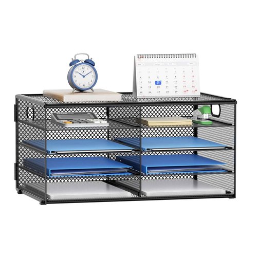 Lavatino 8 Compartments Paper Organizer for Desk, Mesh Literature Organizer, Mail File Sorter Tray with Handle, Desktop Mailbox for Office Classroom Home, Black