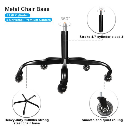 Frassie 28 Inch Office Chair Metal Base Replacement Heavy Duty Computer Chair Base Part with 5 Casters 1 Gas Lift Cylinder (Black)