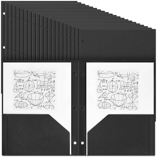 Yeaqee 100 Pcs Plastic Folders with Pockets Bulk 3 Hole Punched 2 Pocket File Folders for 3 Ring Binder Divider Folder for Notebooks, Durable Poly for Office Home (Black)