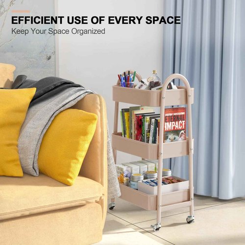 EAGMAK 3 Tier Utility Rolling Cart, Metal Storage Cart with Handle and Lockable Wheels, Multifunctional Storage Organizer Trolley with Mesh Baskets for Kitchen, Living Room, Office, Garage (Beige)