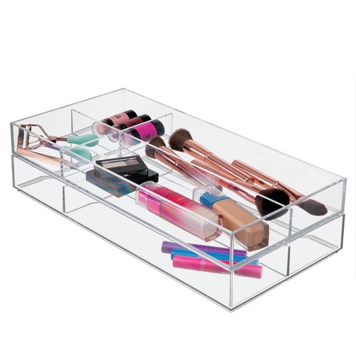 iDesign Clarity Plastic Divided Drawer Organizer, Storage Container for Vanity, Bathroom, Kitchen Drawers, 8" x 16" x 2", Clear,40850