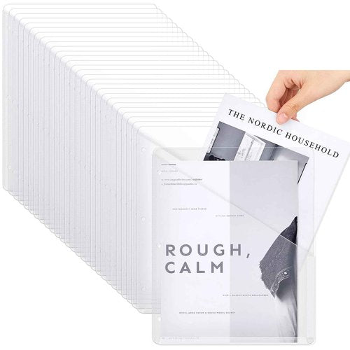 Seajan 100 Pcs Pocket Folders for 3 Ring Binder Clear Plastic Folders Sleeves with 2 Pockets 3 Hole Punch Binder Dividers Poly Slash File Jackets for Office School Document Organizer (White)