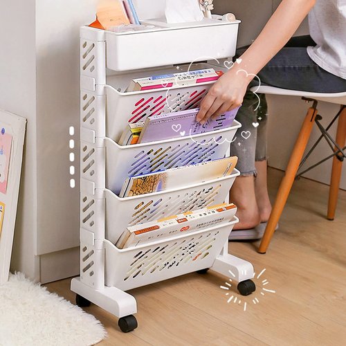 RWUDV Movable Deskside Bookshelf Book Rack Storage Bookshelf Rolling Book Cart Compact Desk Storage Organizer with Caster Wheels Corner Display Rack Multi Purpose Rolling Cart(5 Layer)