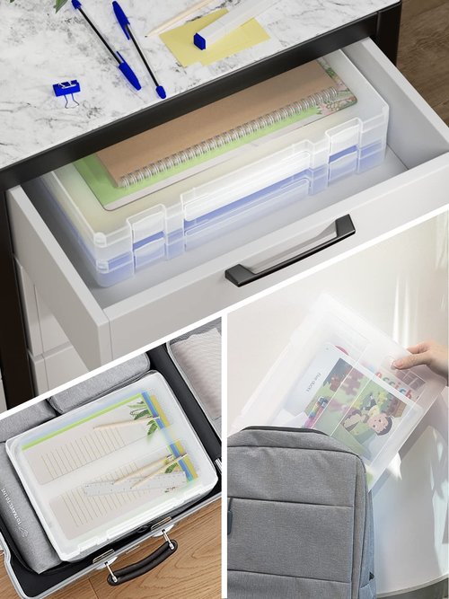 Denkee Large Paper Storage Box, 4 Pack Plastic Scrapbook Paper Storage Organizer with Handle for A4, 8.5 x 11 US Letter, Portable File Document Case, Board Game Storage
