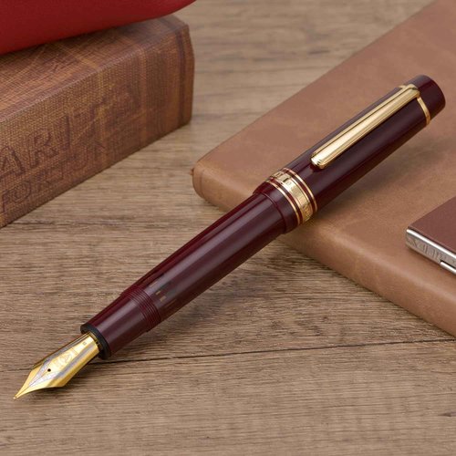 Yongsheng Junlai 930 Acrylic Fountain Pen, Size 9 Medium Nib with Piston Filling System, Wine Red Fence Ink Tank with Flat Top Design Smooth Writing Pen (Gold Trim)