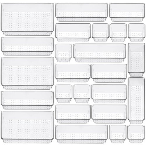 25 Piece Clear Drawer Organizer Set, 4 Sizes Bathroom Vanity Organizer Trays and Storage Bins for Makeup, Cosmetics, Jewelry, and Gadgets. Perfect for Office, Kitchen, Bedroom, Bathroom Use.