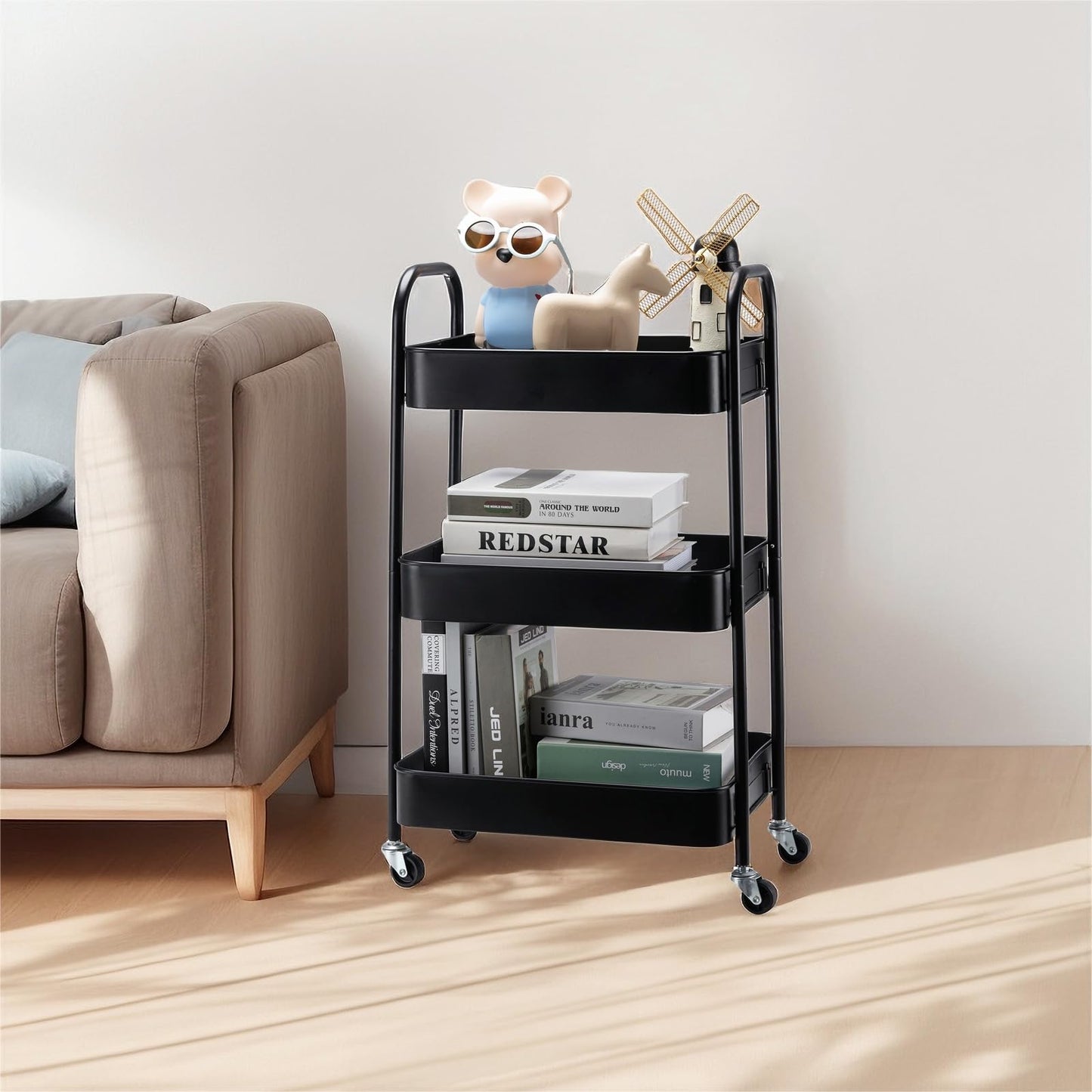SETTFRFE 3-Tier Metal Rolling Storage Cart, Black