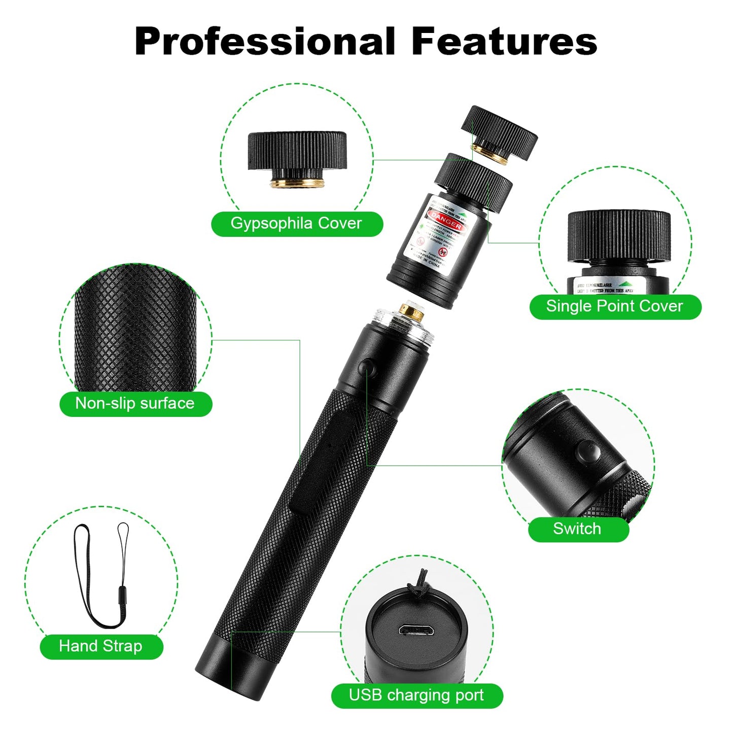Damflew Green Laser Pointer High Power - Long Range Rechargeable Laser Beam, USB Charging Port for Hiking, Presentations & Outdoor Use (Professional-Grade Green Light)