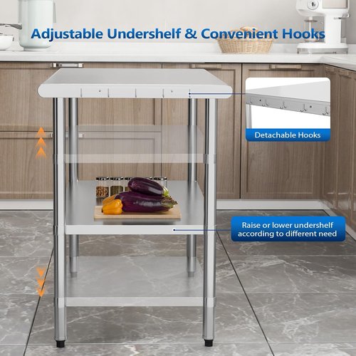 ROVSUN Stainless Steel Prep Table - 48'' x 24'' Heavy Duty Workstation with Adjustable Under-Shelf | Ideal for Kitchen, Restaurant, and Outdoor Use