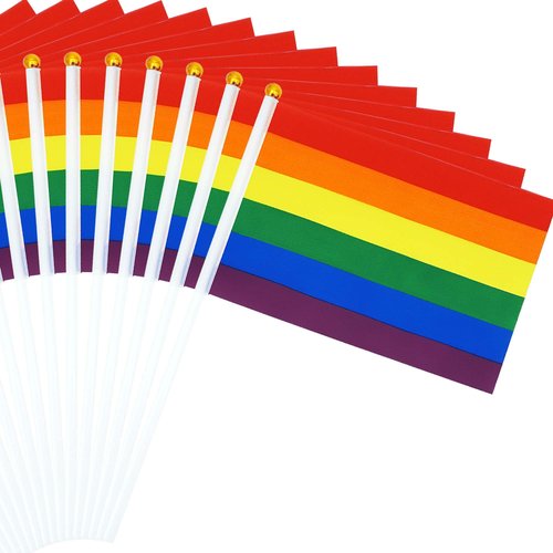 50 Pack Pride Flags Rainbow Pride Flag Small Flag Pride Month Accessories Gay LGBTQ Stick Flag USA American Rainbow Flag Hand Held Flags Decorations for Parades Rainbow Festival
