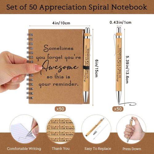 Honoson 50 Sets Spiral Notebooks Sets Employee Thank You Gifts Inspirational Journals with Retractable Bamboo Pens Bulk Encouragement Notepad for School Teacher, Awesome Sign