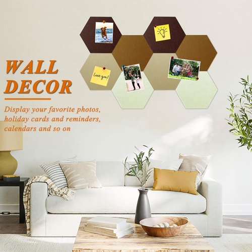Regine Switzerland Hexagon Felt Cork Bulletin Board Tiles - Self-Adhesive DIY Wall Decor (8 Pcs, Gradual Brown)
