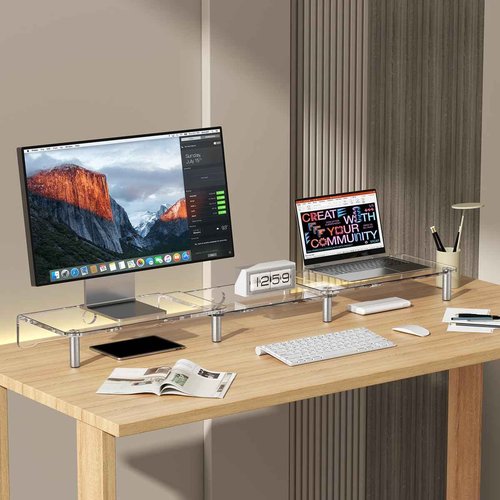 HEWYIOS dual monitor stand riser, 3-layer transparent acrylic monitor stand with anti slip pad, adjustable length and angle, suitable for 2 monitors, desktop, laptop, PC, printer, TV screen