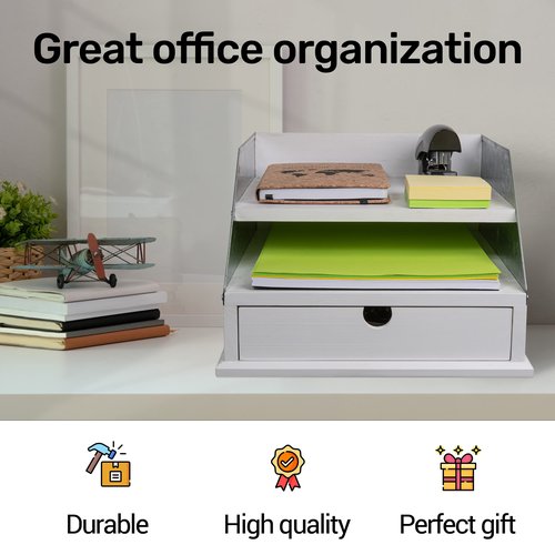 MissionMax White Country Steel Farmhouse Rustic Desktop Organizer with Two Shelves for Paper, Mail, Files, Magazines and a Drawer for Supply Storage
