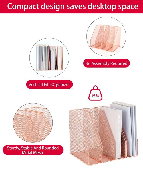 AUPSEN File Organizer for Desk, 4-Pack Desk Accessories & Workspace Organizers, Magazine File Holder, Mesh Desktop Organizer for Home Office (Rose Gold)
