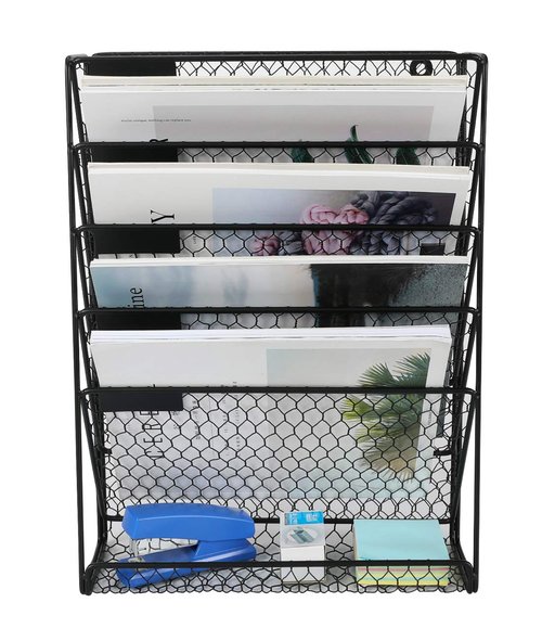 PAG Hanging Wall File Holder Mail Organizer Metal Chicken Wire Wall Mounted Literature Rack, 6 Tier, Black