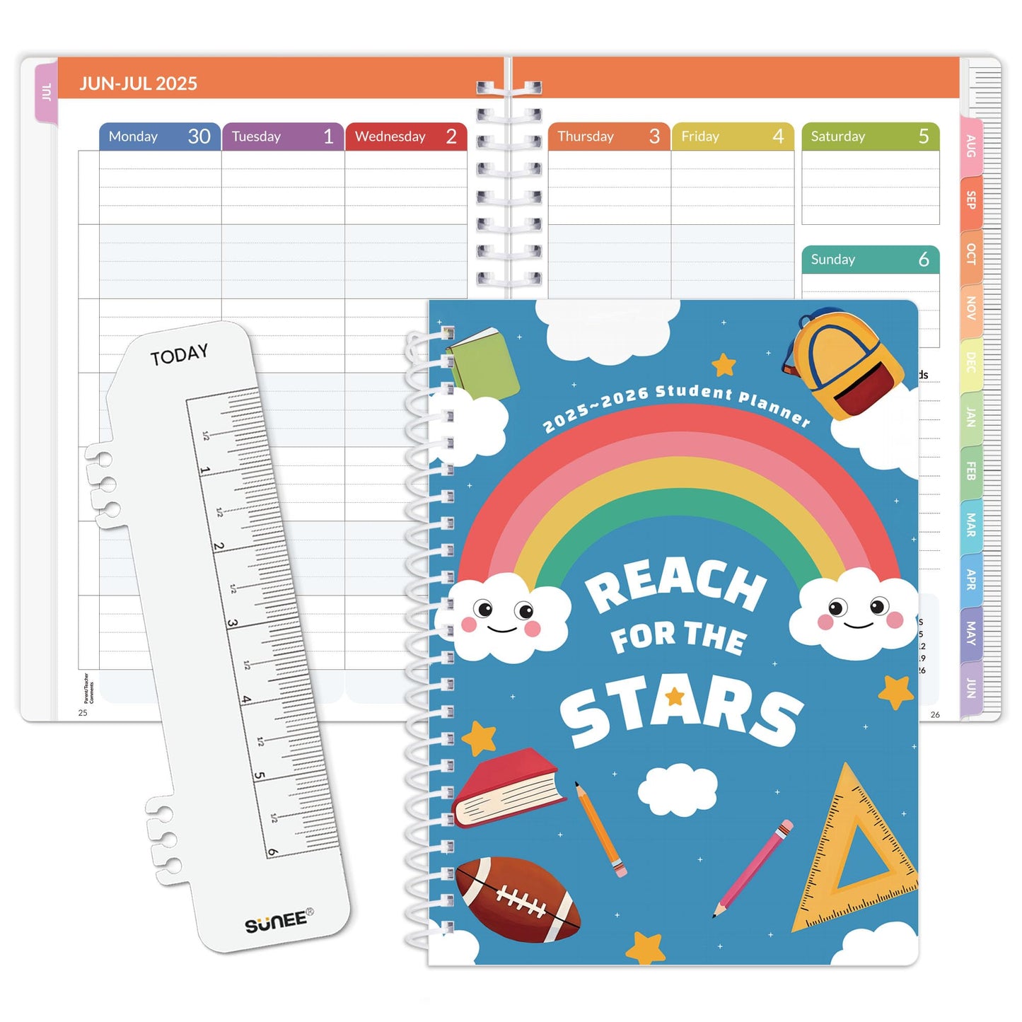SUNEE Elementary Student Planner 2025-2026, Dated Academic Year Jul. 2025 - Jun. 2026, 6.5"×8.3" School Planner for Kids, Datebooks Weekly & Monthly Plan Book with Bookmark/Monthly Tabs, Blue Rainbow