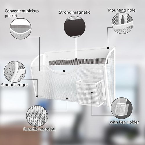 Magnetic File Holder 1 Pockets File Folder Organizer with Pen Holder, Office Hanging Magazine Rack for File Cabinets, Magnetic Paper Holder, No Drilling Mail Organizer for Refrigerator, Office (White)