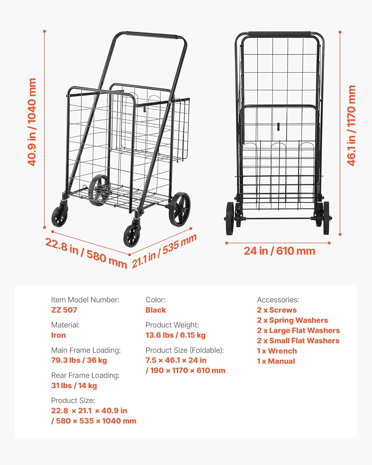 VEVOR Jumbo Grocery Cart - Heavy Duty Folding Shopping Cart with Double Baskets & 360° Swivel Wheels | 110 LBS Capacity, Black