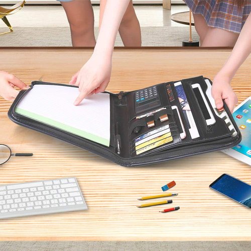 Regine Switzerland Zippered Padfolio - Black PU Leather Organizer with Calculator & 10.1 Inch Sleeve