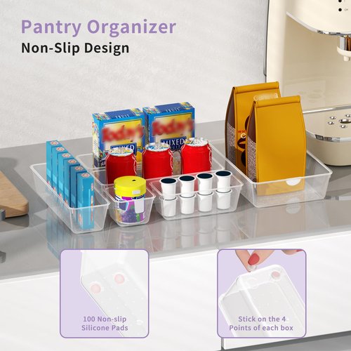 klyoca 22 PCS Clear Drawer Organizer Set, 4-Size Vanity and Desk Drawer Organizer Trays with Non-Slip Silicone Pads, Plastic Storage Bins for Makeup, Jewelry, Bathroom, Office, Fridge, Kitchen