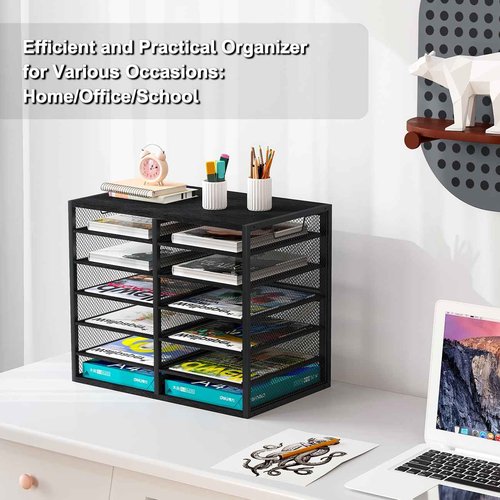 PAG Desktop Mail Sorter Industrial Countertop Heavy Duty Literature Organizer Bill Paper Holder Rack Student Mailbox for Classroom 12 Compartments Filing Cabinet for Office Home School, Black