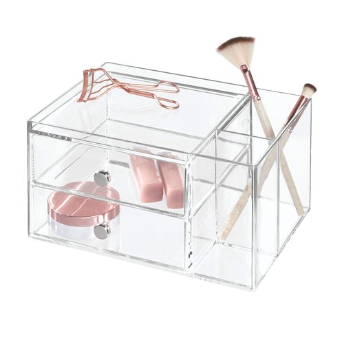 iDesign Plastic Vanity, Compact Storage Set Compartments for Cosmetics, Dental Supplies, Hair Care, Bathroom, Dorm, Desk, Countertop, Office, 6.5" x 6.5" x 6.5", 2 Drawer-Side Organizer