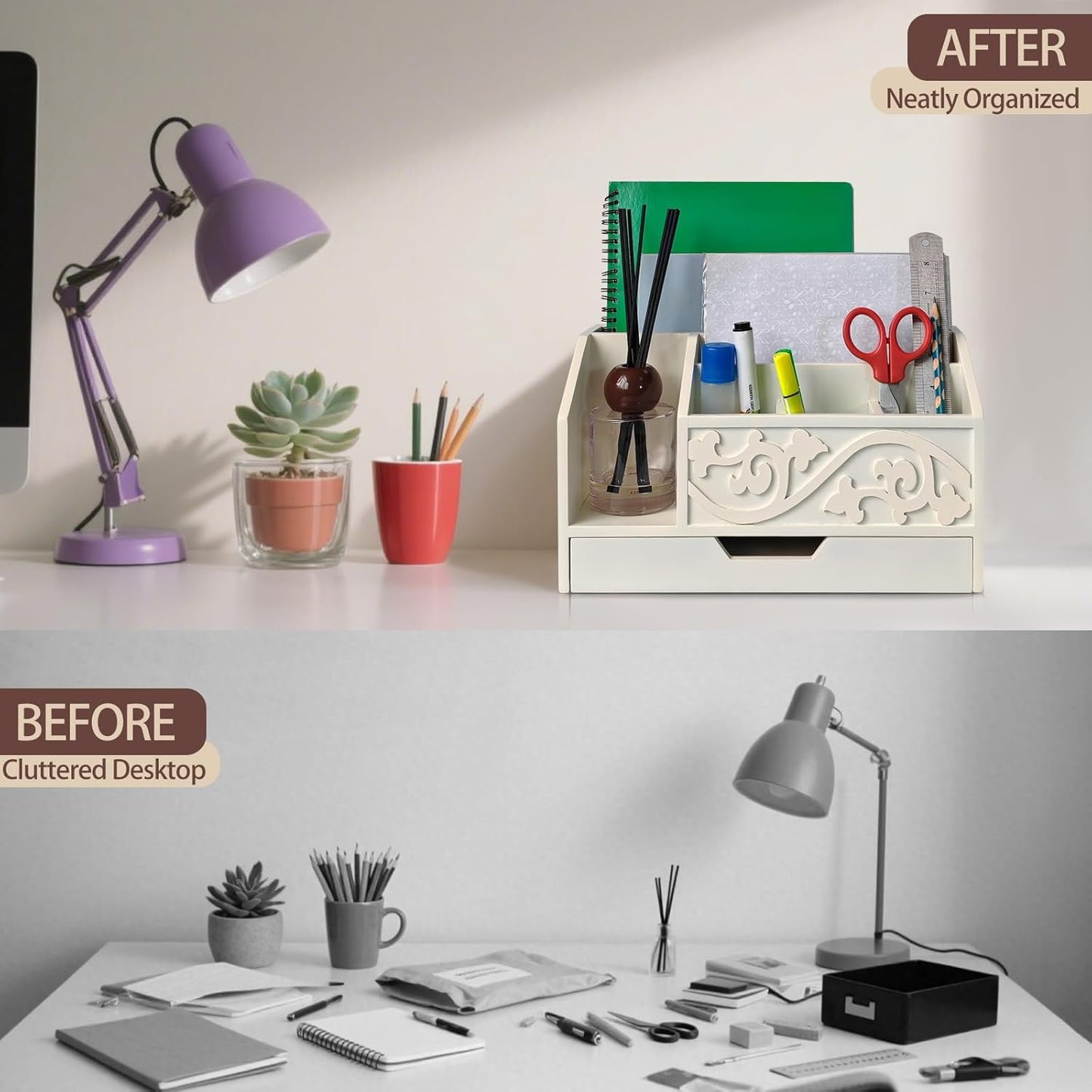 Skiennix White Wooden Mail Organizer - Stylish Three-Tier Desk Accessory with Drawer for Office Storage