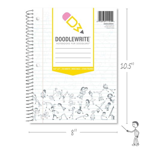 DoodleWrite Wide Ruled Wirebound Spiral Notebook, Includes Doodle Prompts to Keep Focus, Spark Creativity/Imagination, Relieve Stress, 10.5" x 8", 50 Sheets/100 Pages, White (11101cs) (Pack of 24)