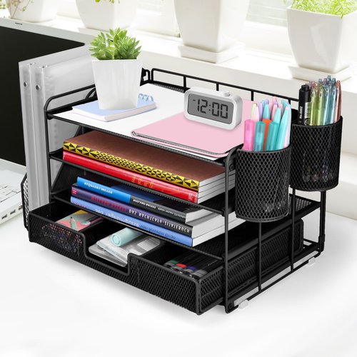 ATOMUS 4 Tier Desk Organizer, File Organizer Drawer Organizer with 2 Hanging Pen Holders Accessories & Workspace Organizers for Office Supplies Pull-Out Design (Black)