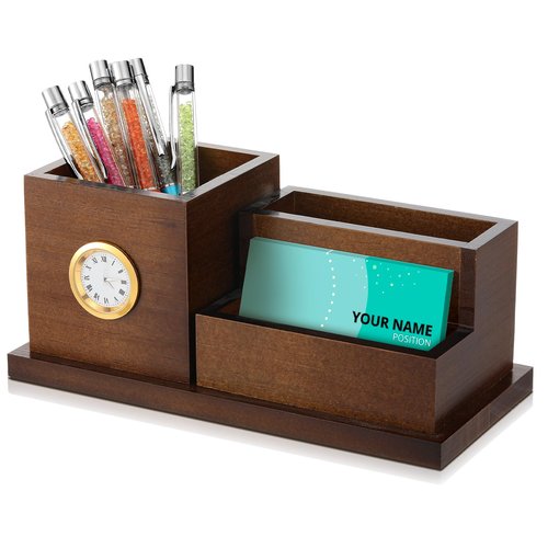 Watersay Wood Business Card Holders with Clock Pen Holder, Lawyers Gifts for Men and Women, Desk Organizer for Attorney Lawyers Professionals