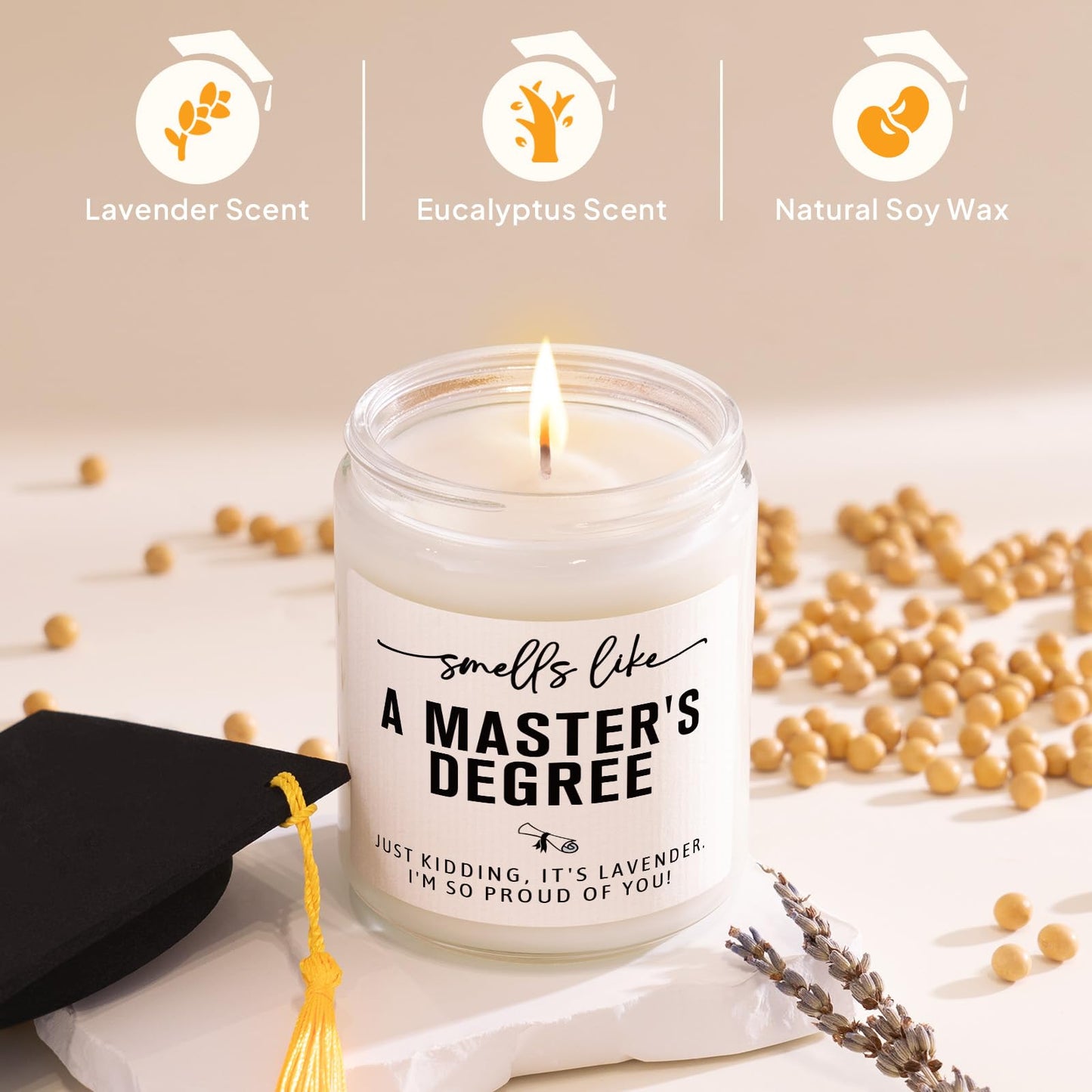 Musaecoin Masters Degree Graduation Gifts- Funny Masters Degree Candle with Mortarboard- Graduation Gift for Her/Him/Graduates, Grad Gift for Women/Men, Lavender, Soy Wax