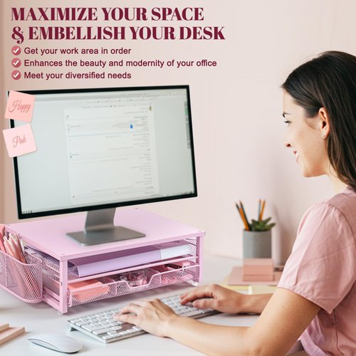 Kosiz 21 Pcs Pink Office Desk Organizers and Accessories Computer Monitor Stand with Drawer Pen Holder Stapler Tape Dispenser Sticky Note Clips Pen Highlighter Scissors Aesthetic Accessories for Woman