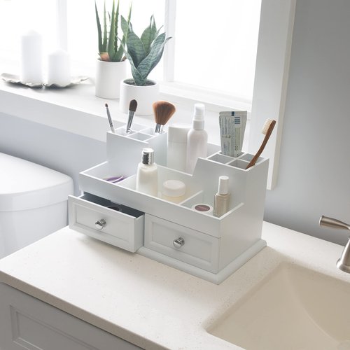 Organize It All Accessory Organizer | Dimensions: 13.8"x 7.3"x 7.1" | Holds Cosmetics | Office Supplies | Tech Accessories | Home Organization | Durable | Has 2 Drawers | 12 Compartments | White