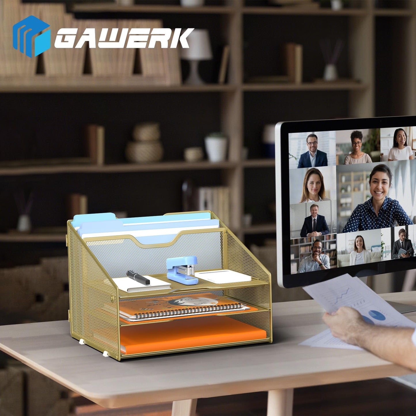 GAWERK Letter Tray Organizer, Mesh Desk File Organizer with 3 Paper Trays and 2 Vertical Upright Section (Gold)