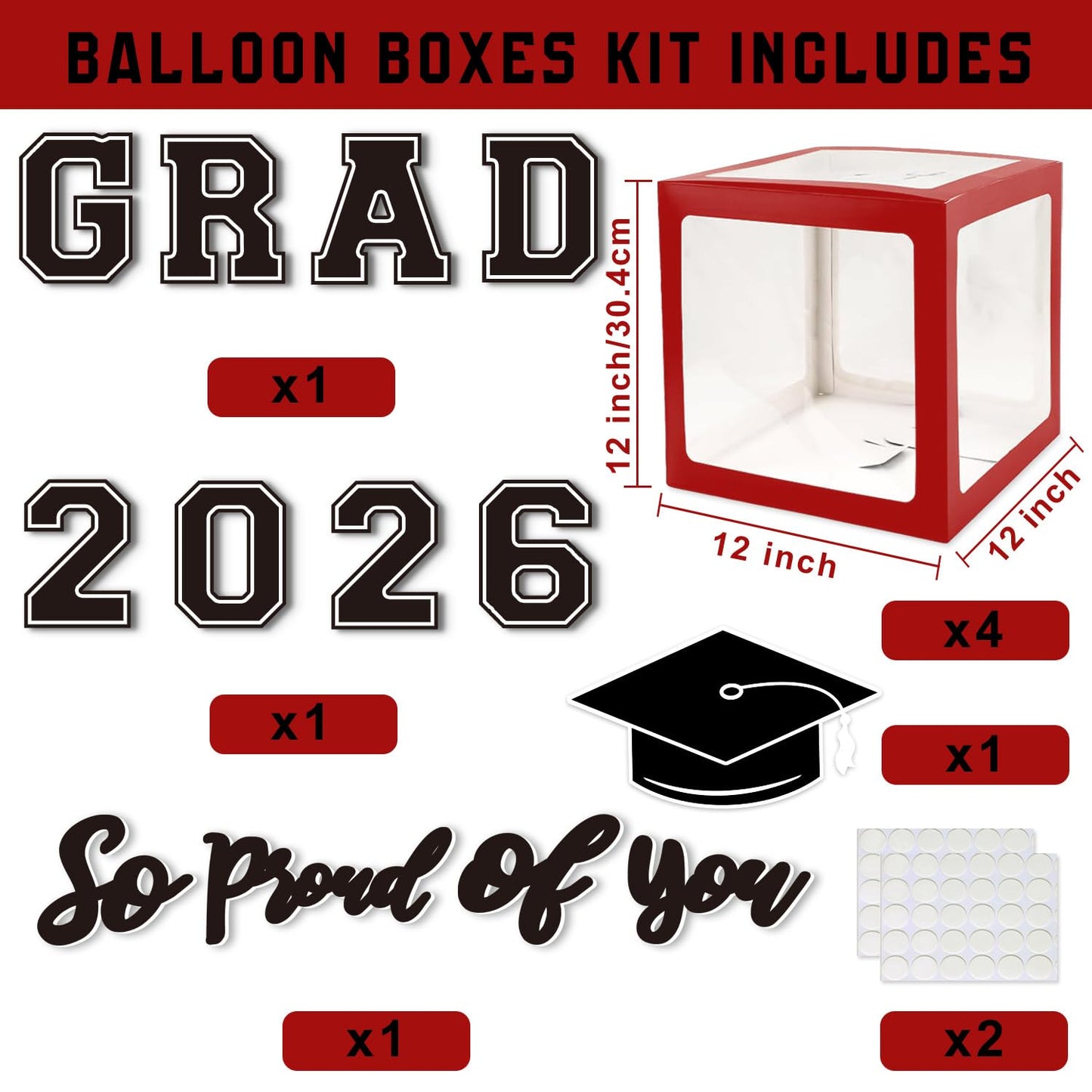 Graduation Decorations Class of 2026, Red and Black Graduation Decorations, Balloons Boxes (4PCS) with Letters 2026 GRAD So Proud of You, Congrats Grad Decorations for High School & College