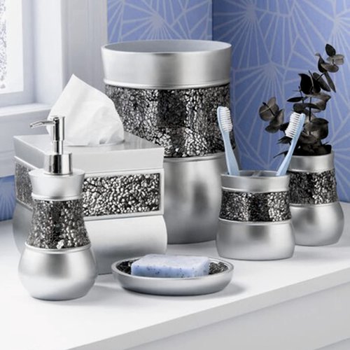 Crackled Glass Silver Small Bathroom Trash Can 2.06 Gal / 7.8L – Decorative Waste Basket for Bathroom, Powder Room or Bedroom - Durable Mini Wastebasket with Beautiful Crackled Glass