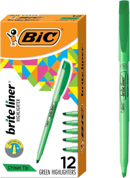 BIC Brite Liner Highlighters - Chisel Tip Green Highlighters, 12-Count Pack for Organizing & Coloring