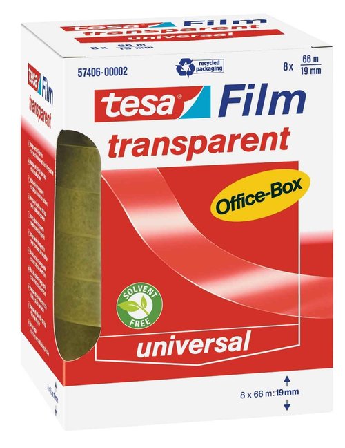 tesafilm Transparent Self-Adhesive Tape - High Age and Tear-Resistance - Office Tape with Strong Adhesion, 66 m x 19 mm - Pack of 8