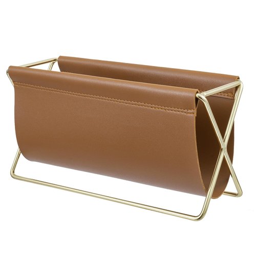 MyGift 10 Inch Mid Century Caramel Leatherette Mail Sorter Letter Holder Rack with Brass Tone Metal Frame, Faux Leather Sling Style Office Desk Card Envelope Organizer Stand